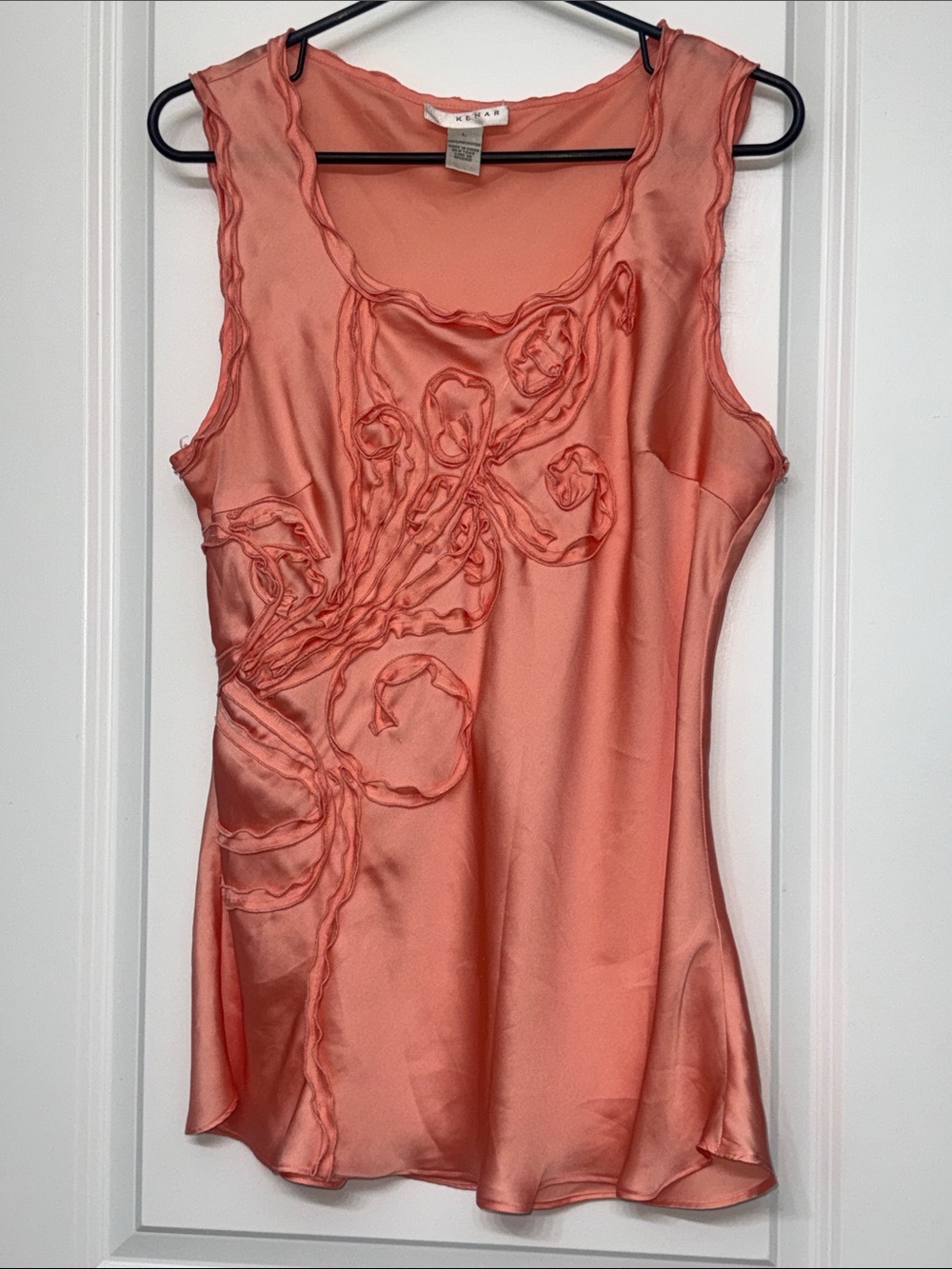 Large Kenar Coral Pink Satin Ruffle Appliqué Sleeveless Camisole